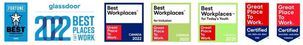 Logos of Venterra's recent workplace awards