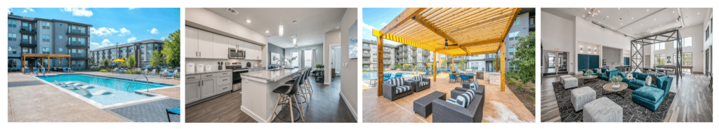 4 Photos of Avasa Spring Branch -  From left to right: pool view, apartment kitchen interior, BBQ pavilion, and leasing office interior