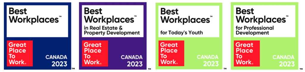 Venterra's Canada Great Place to Work 2023 Award Win Logos - Best Workplaces for Professional Development and others