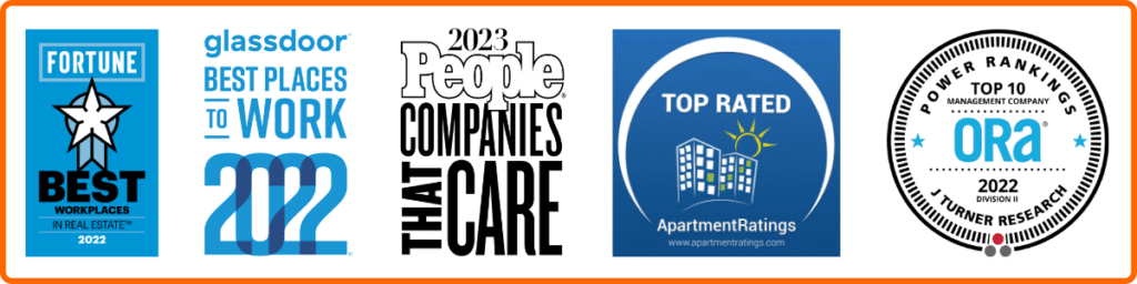 Banner image highlighting several Venterra workplace awards: Fortune Best Workplaces in Real Estate, Glassdoor Best Places to Work, People Companies That Care, ApartmentRatings.com Top Rated, and ORA Power Rankings.