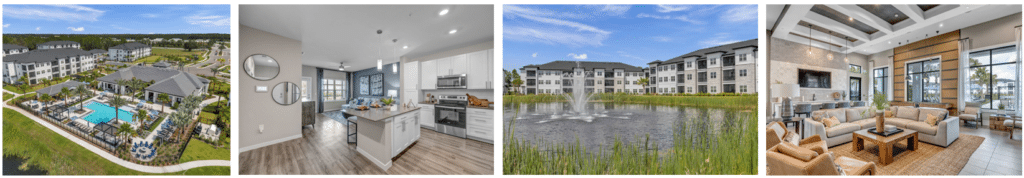 4 panel image highlighting Avasa Grove West: aerial, apartment kitchen interior, water fountain at pond, and leasing office interior. 