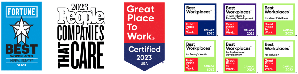A banner highlighting badges from our 2023 US and Canada Great Place to Work awards